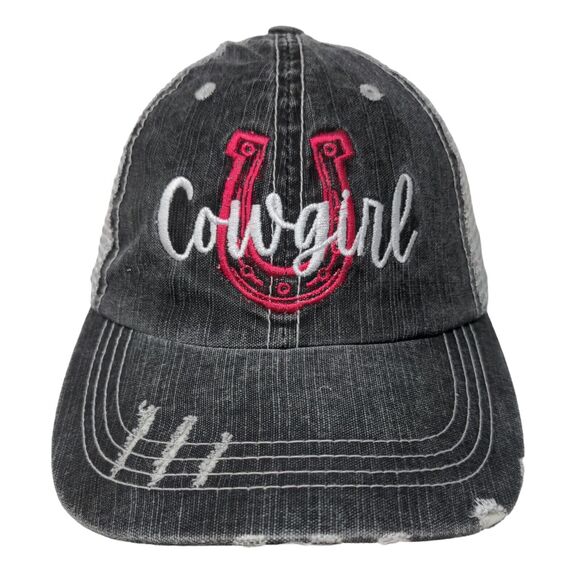 Cowgirl Horseshoe Strapback Mesh Back Trucker Hat Gray OSFM Embroidered - Picture 1 of 7